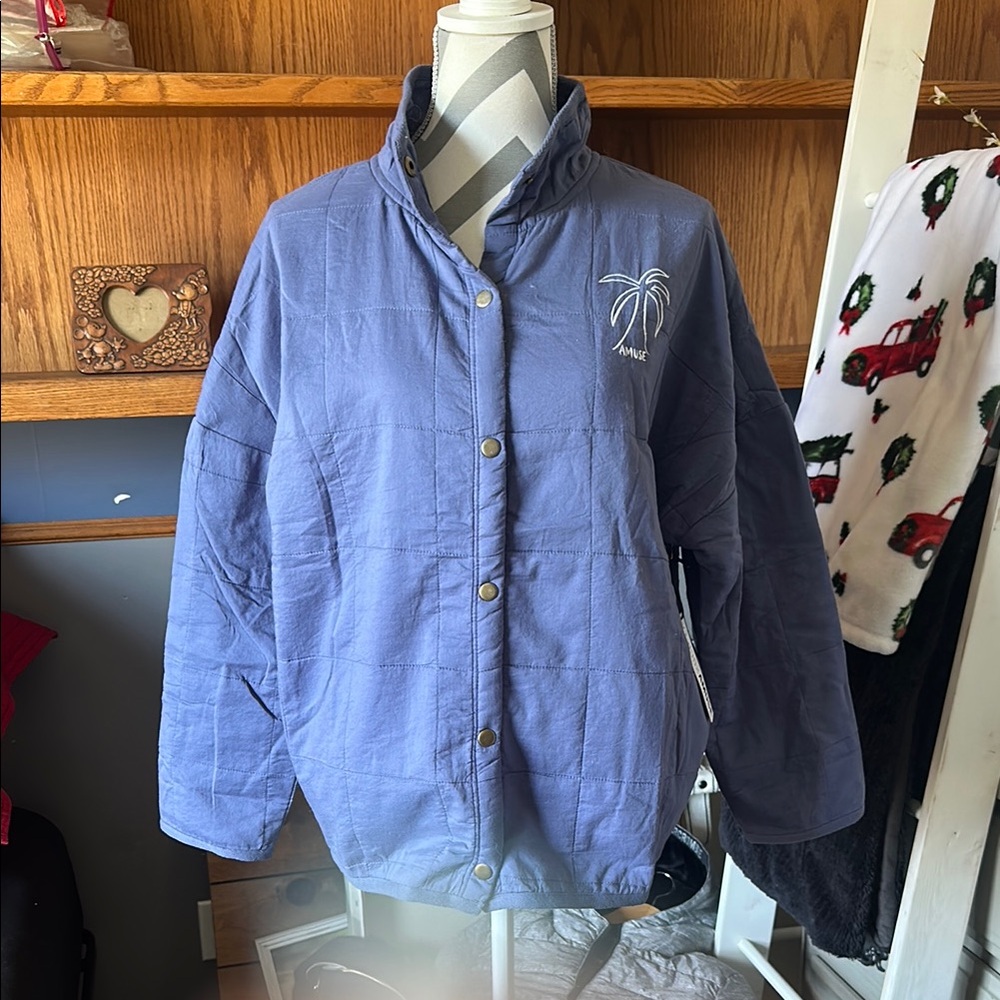 Blue Quilted Jacket with Palm Tree Embroidery